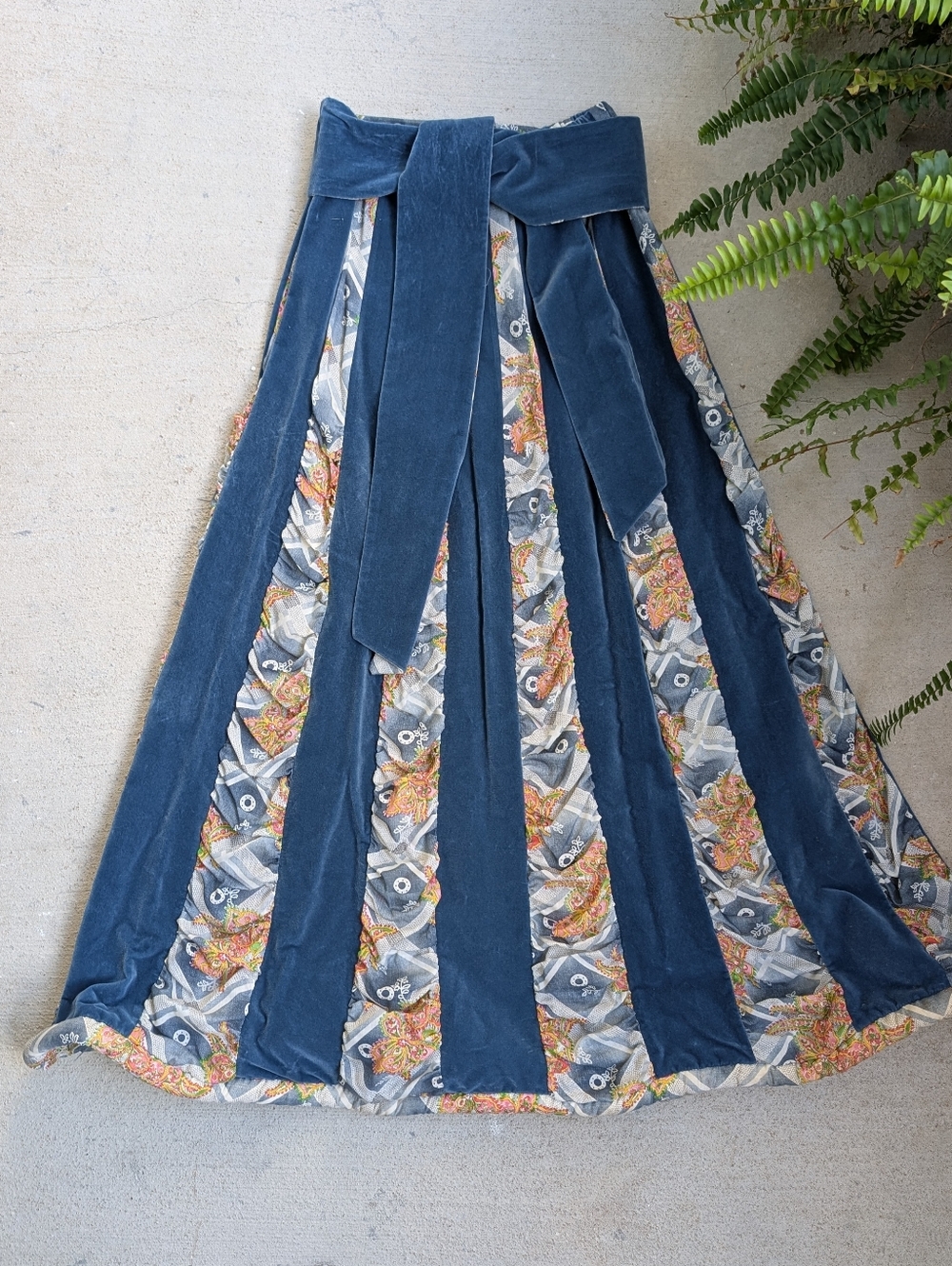70s Chessa Davis Boho Blue Velvet Paneled Maxi Skirt with Floral Inset